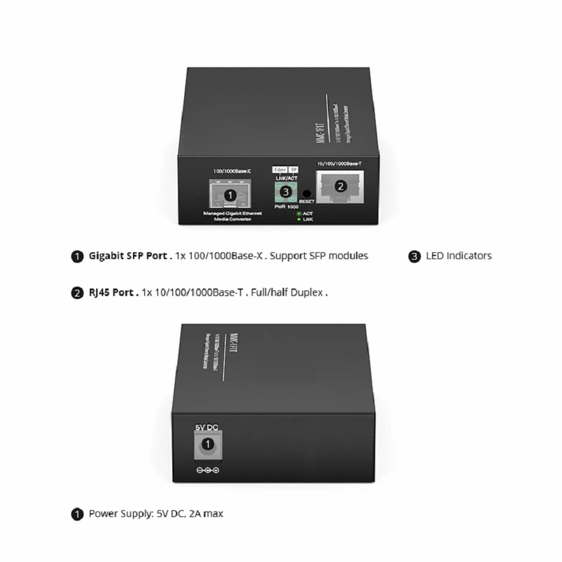 SFPS Managed 1x 10/100/1000Base-T RJ45 to 1x 100/1000Base-X SFP Gigabit Ethernet Media Converter, American Plug Standard SFPS