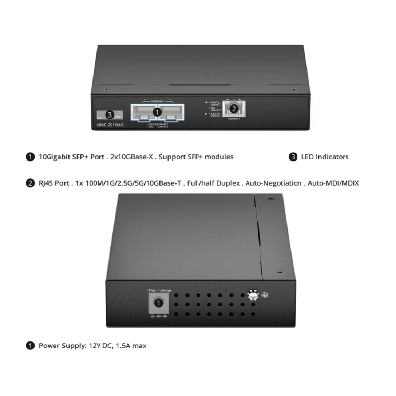 SFPS Managed 1x 100M/1G/2.5G/5G/10GBase-T RJ45 to 2x 10GBase-X SFP+ 10Gigabit Ethernet Media Converter, European Plug standard SFPS
