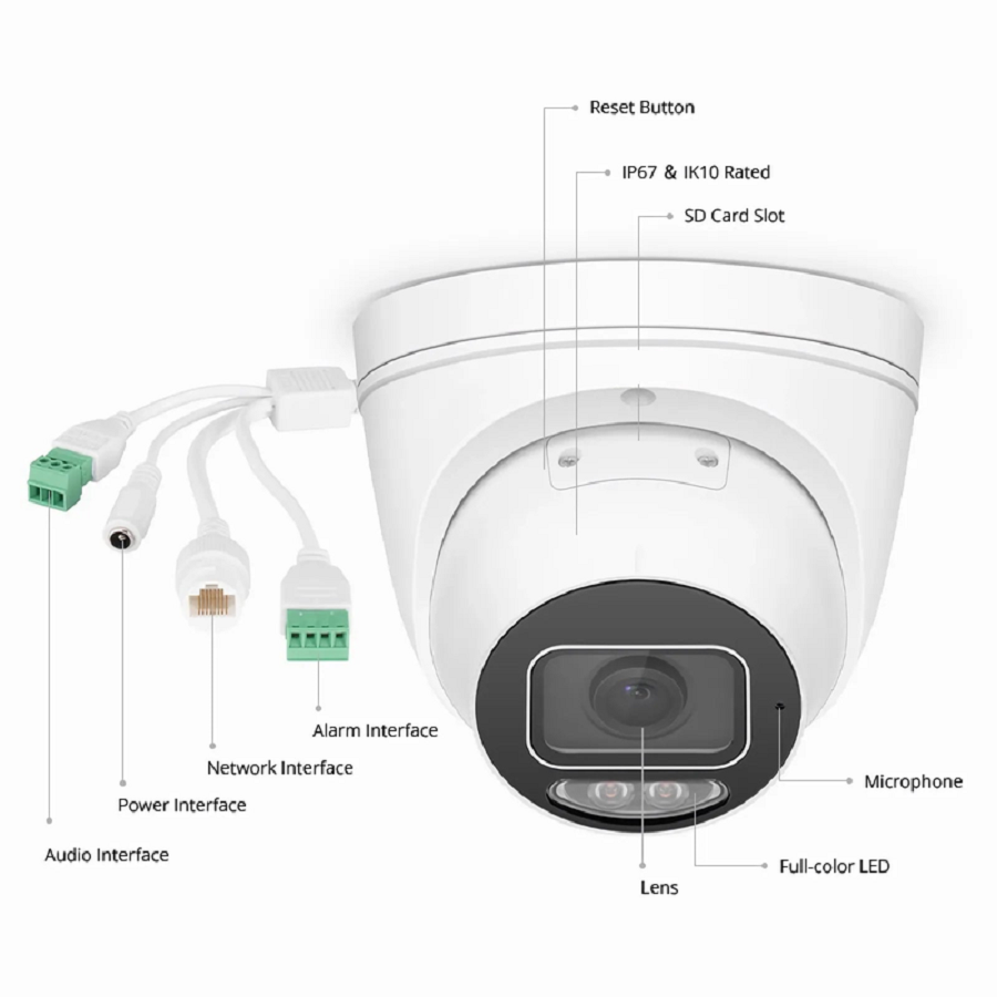SFPS IPC501-FC-4M-T, 4MP Turret PoE Network Camera with Built-in Mic, 98ft Color Night Vision, 120dB True WDR, IP67 & IK10 Rating, 2.8mm Fixed Lens SFPS