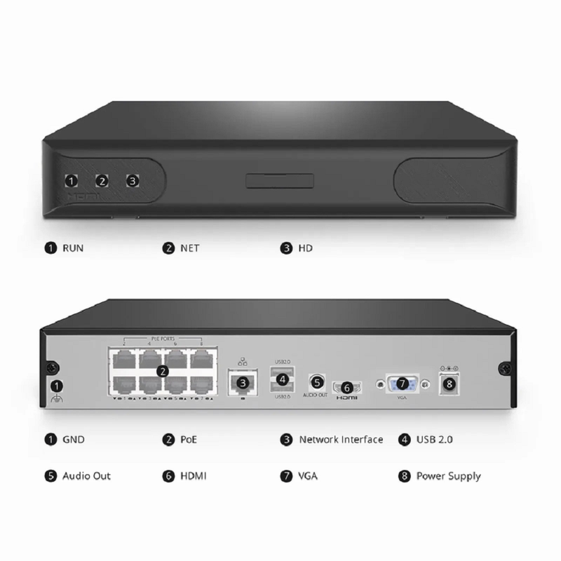 SFPS NVR101-8C-8P, 8-Channel 8-Port PoE Network Video Recorder, Record 8CH 4K@30fps, Live View/Playback 1CH 4K@30fps, Supports up to 1x8TB Hard Drive (Not Included) SFPS