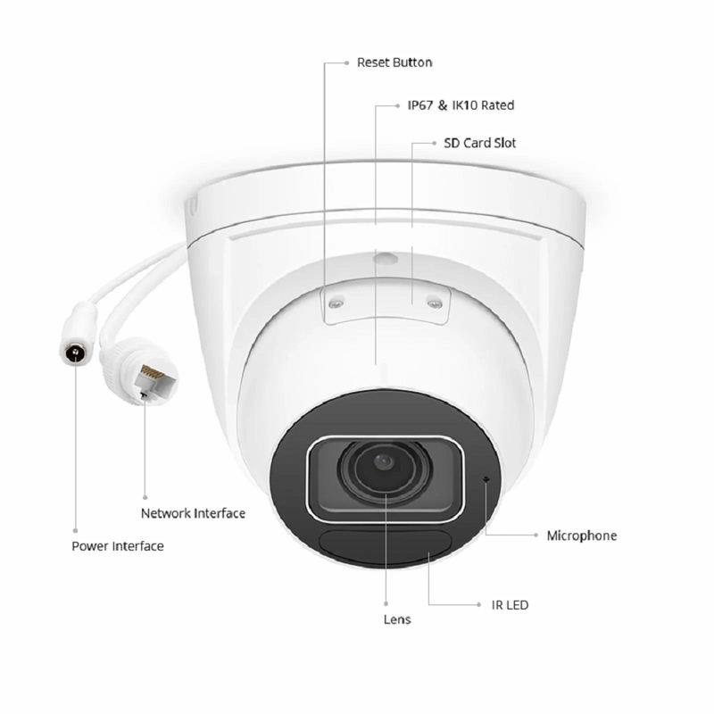 SFPS IPC304-8M-T Turret Camera, with 2.8 ~ 12mm Varifocal Lens, 8MP Resolution, Built-in Mic, 131ft Night Vision, Smart Intrusion Prevention, IP67 & IK10 PoE Network Camera SFPS