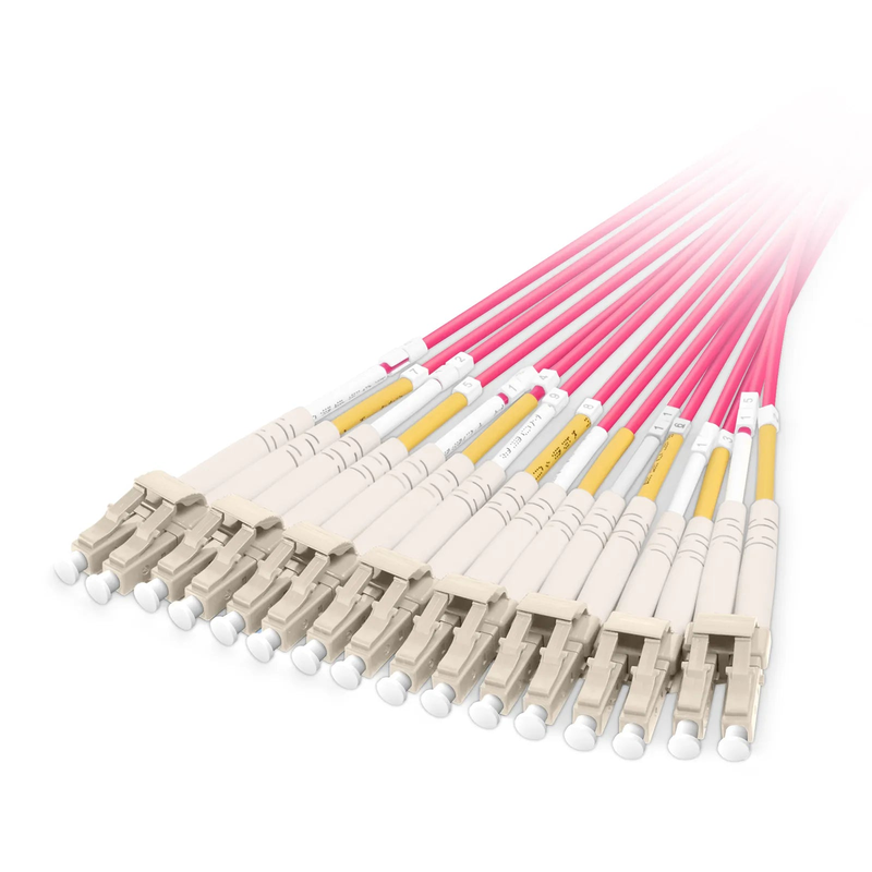 SFPS 3m (10ft) MMC Harness, MMC-16 APC (Female) to 8 x LC UPC Duplex, 16 Fibers, Multimode (OM4), Plenum (OFNP), 0.35dB Max, Jumper Polarity, Magenta SFPS