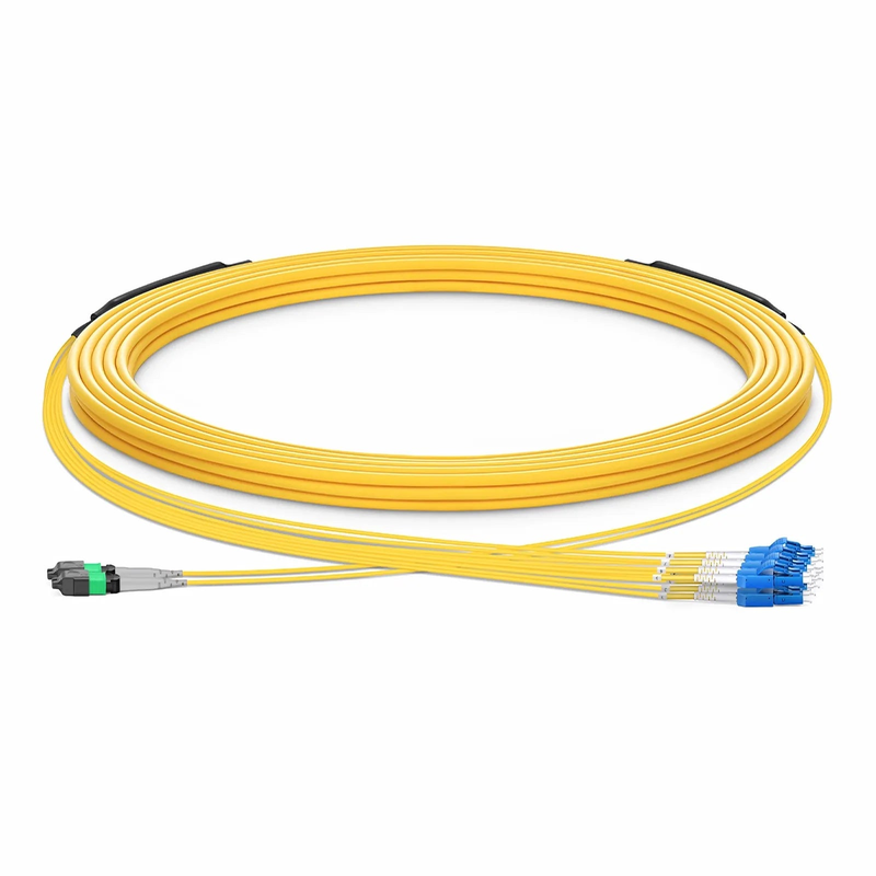 SFPS 30m (98ft) MTP® Hybrid Trunk Cable, MTP®-8 APC (Female) to 4 LC UPC Duplex Uniboot, 16 Fibers, Single Mode (OS2), Plenum (OFNP), 0.35dB Max, Type B, Double Jacket, Yellow SFPS