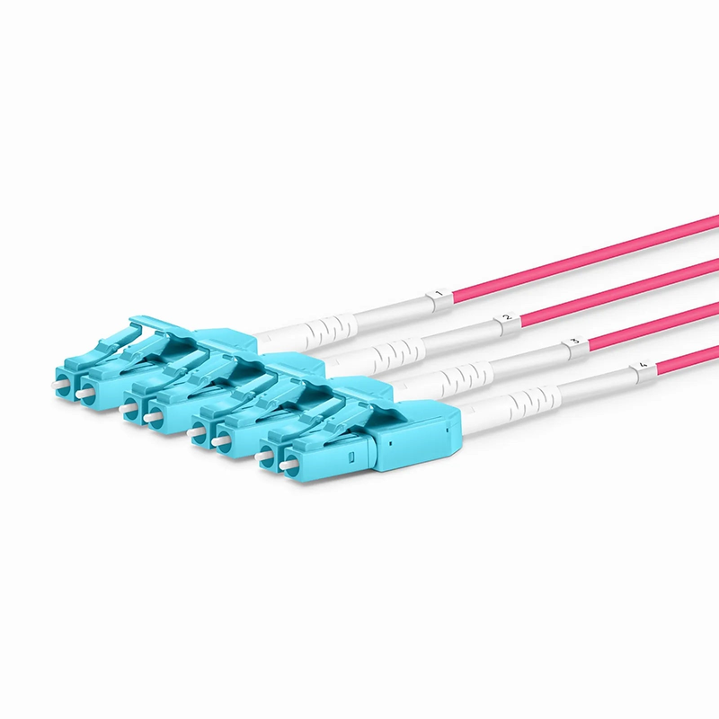 SFPS 30m (98ft) MTP® Hybrid Trunk Cable, MTP®-8 UPC (Female) to 4 LC UPC Duplex Uniboot, 32 Fibers, Multimode (OM4), Plenum (OFNP), 0.20dB Max, Type B, Double Jacket, Magenta SFPS
