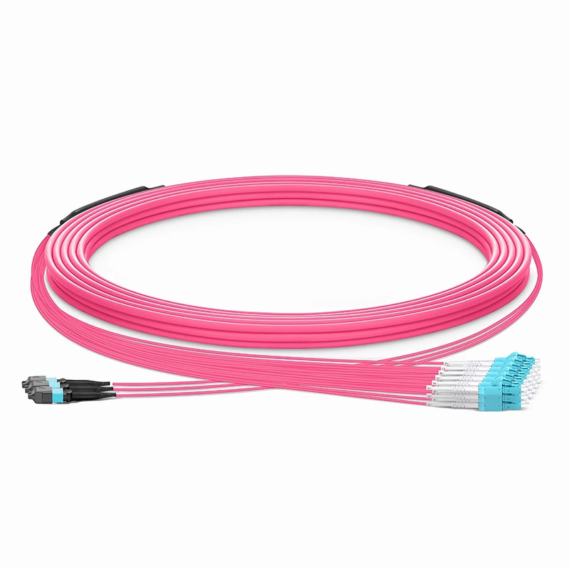 SFPS 30m (98ft) MTP® Hybrid Trunk Cable, MTP®-12 UPC (Female) to 6 LC UPC Duplex Uniboot, 36 Fibers, Multimode (OM4), Plenum (OFNP), 0.20dB Max, Type B, Double Jacket, Magenta SFPS