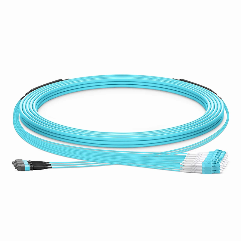 SFPS 30m (98ft) MTP® Hybrid Trunk Cable, MTP®-12 UPC (Female) to 6 LC UPC Duplex Uniboot, 36 Fibers, Multimode (OM3), Plenum (OFNP), 0.20dB Max, Type B, Double Jacket, Aqua SFPS