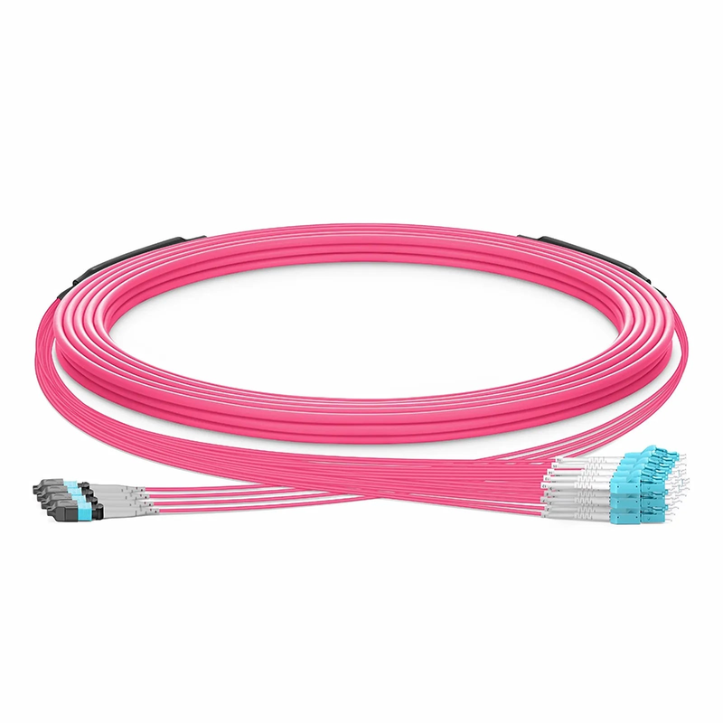 SFPS 30m (98ft) MTP® Hybrid Trunk Cable, MTP®-8 UPC (Female) to 4 LC UPC Duplex Uniboot, 32 Fibers, Multimode (OM4), Plenum (OFNP), 0.20dB Max, Type B, Double Jacket, Magenta SFPS