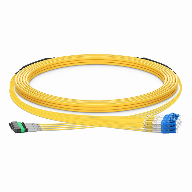 SFPS 30m (98ft) MTP® Hybrid Trunk Cable, MTP®-8 APC (Female) to 4 LC UPC Duplex Uniboot, 32 Fibers, Single Mode (OS2), Plenum (OFNP), 0.35dB Max, Type B, Double Jacket, Yellow SFPS