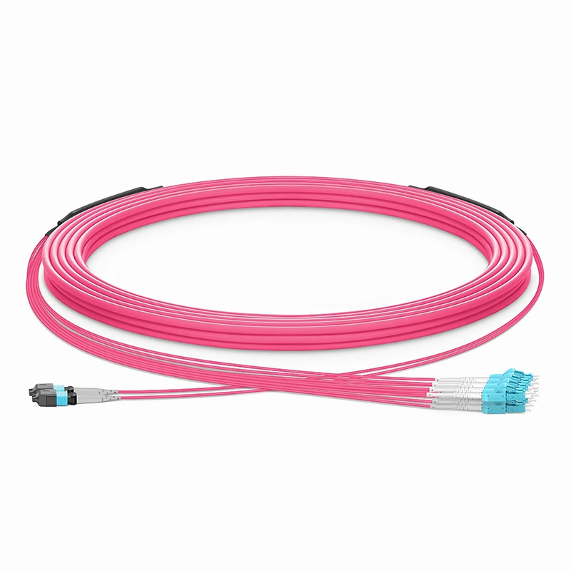 SFPS 30m (98ft) MTP® Hybrid Trunk Cable, MTP®-8 UPC (Female) to 4 LC UPC Duplex Uniboot, 16 Fibers, Multimode (OM4), Plenum (OFNP), 0.20dB Max, Type B, Double Jacket, Magenta SFPS