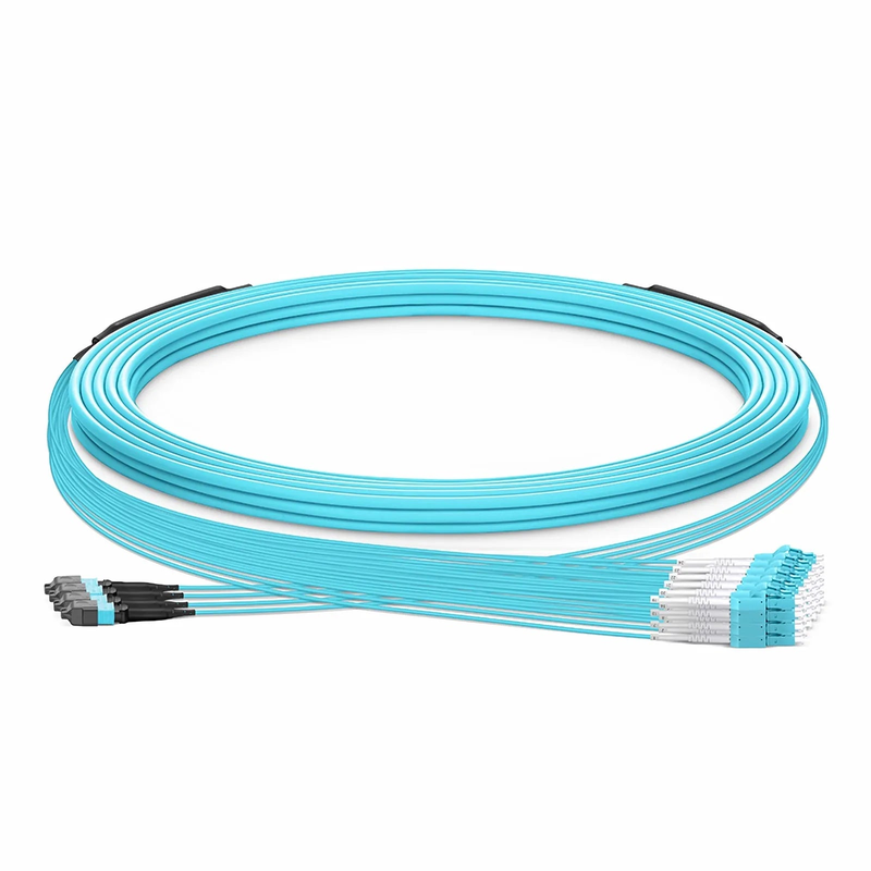 SFPS 30m (98ft) MTP® Hybrid Trunk Cable, MTP®-12 UPC (Female) to 6 LC UPC Duplex Uniboot, 48 Fibers, Multimode (OM3), Plenum (OFNP), 0.20dB Max, Type B, Double Jacket, Aqua SFPS