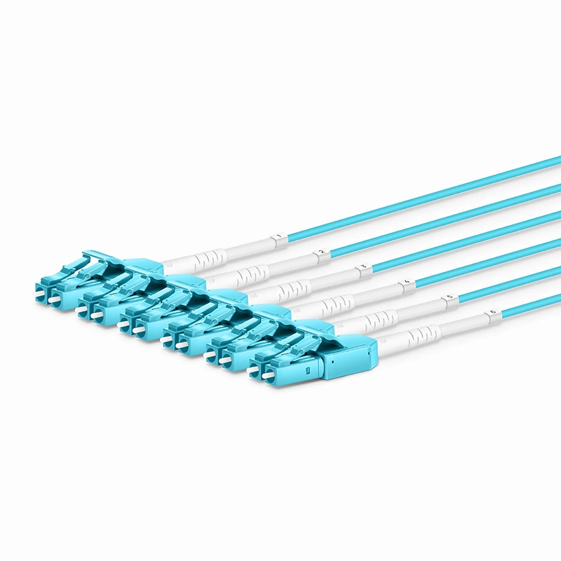 SFPS 30m (98ft) MTP® Hybrid Trunk Cable, MTP®-12 UPC (Female) to 6 LC UPC Duplex Uniboot, 48 Fibers, Multimode (OM3), Plenum (OFNP), 0.20dB Max, Type B, Double Jacket, Aqua SFPS