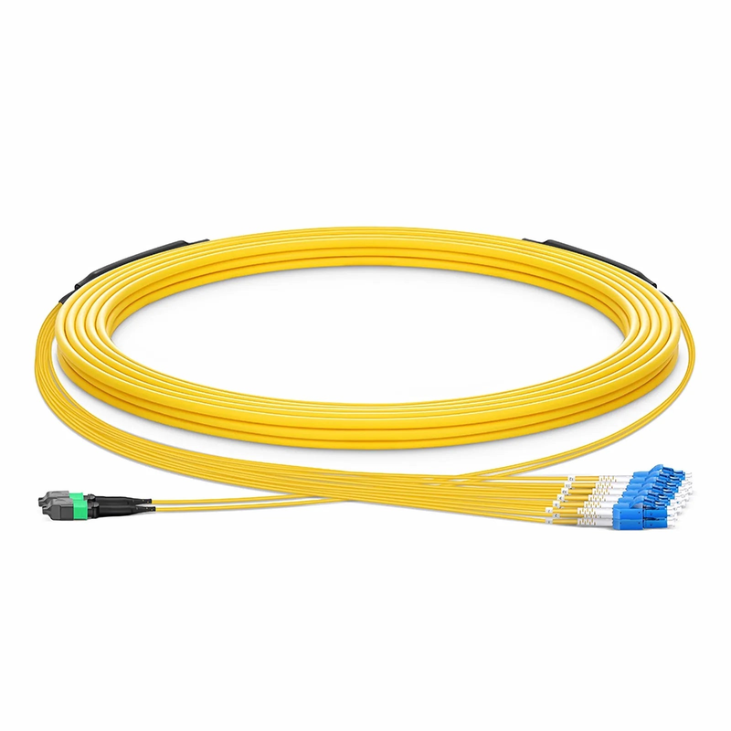 SFPS 30m (98ft) MTP® Hybrid Trunk Cable, MTP®-12 APC (Female) to 6 LC UPC Duplex Uniboot, 24 Fibers, Single Mode (OS2), Plenum (OFNP), 0.35dB Max, Type B, Double Jacket, Yellow SFPS