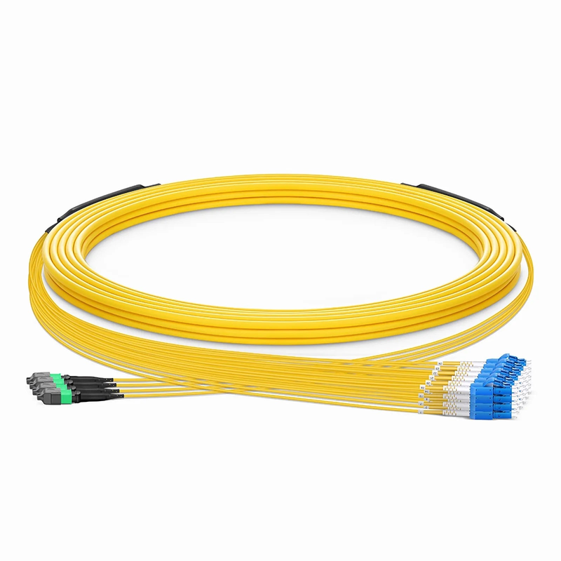SFPS 30m (98ft) MTP® Hybrid Trunk Cable, MTP®-12 APC (Female) to 6 LC UPC Duplex Uniboot, 48 Fibers, Single Mode (OS2), Plenum (OFNP), 0.35dB Max, Type B, Double Jacket, Yellow SFPS