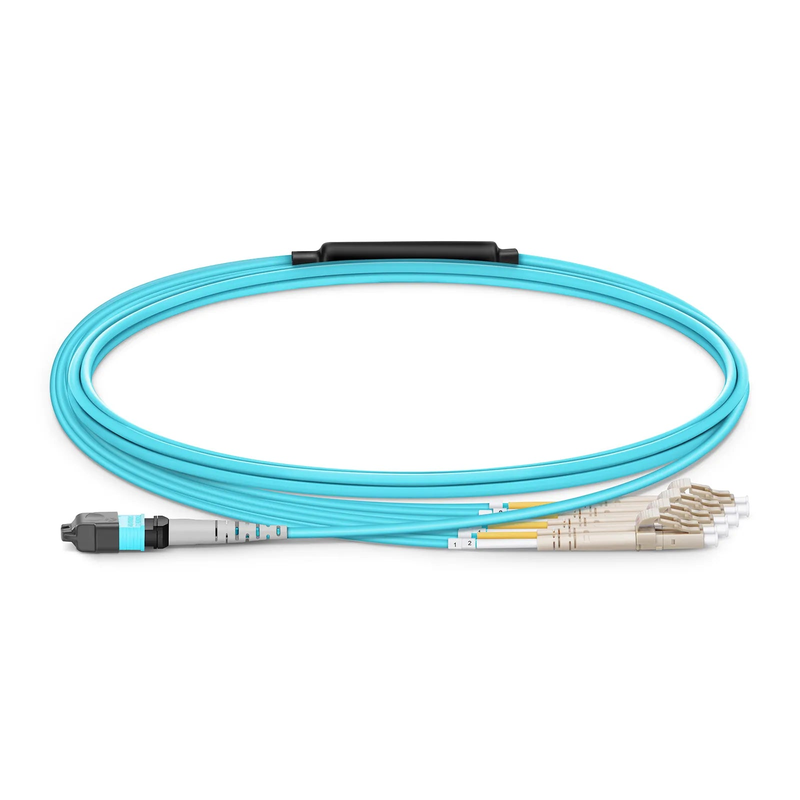 SFPS 2m (7ft) MTP® Harness, MTP®-8 UPC (Female) to 4 x LC UPC Duplex, 8 Fibers, Multimode (OM4), Plenum (OFNP), 0.35dB Max, Type B, 1m Equal Breakout Length, Aqua SFPS