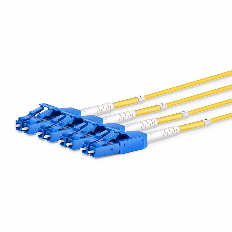 SFPS 30m (98ft) MTP® Hybrid Trunk Cable, MTP®-8 APC (Female) to 4 LC UPC Duplex Uniboot, 32 Fibers, Single Mode (OS2), Plenum (OFNP), 0.35dB Max, Type B, Double Jacket, Yellow SFPS