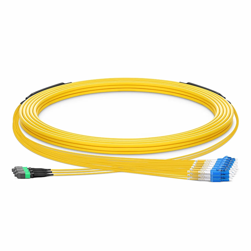 SFPS 30m (98ft) MTP® Hybrid Trunk Cable, MTP®-12 APC (Female) to 6 LC UPC Duplex Uniboot, 36 Fibers, Single Mode (OS2), Plenum (OFNP), 0.35dB Max, Type B, Double Jacket, Yellow SFPS
