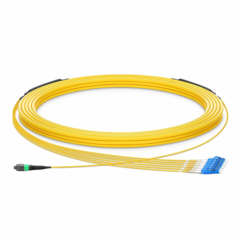 SFPS 30m (98ft) MTP® Hybrid Trunk Cable, MTP®-12 APC (Female) to 6 LC UPC Duplex Uniboot, 12 Fibers, Single Mode (OS2), Plenum (OFNP), 0.35dB Max, Type B, Double Jacket, Yellow SFPS