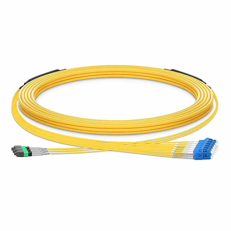 SFPS 30m (98ft) MTP® Hybrid Trunk Cable, MTP®-8 APC (Female) to 4 LC UPC Duplex Uniboot, 24 Fibers, Single Mode (OS2), Plenum (OFNP), 0.35dB Max, Type B, Double Jacket, Yellow SFPS