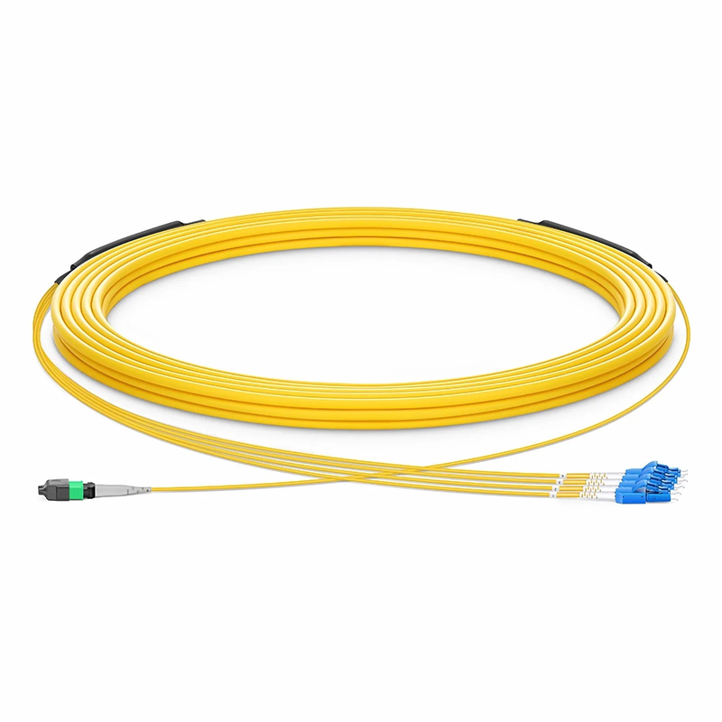 SFPS 30m (98ft) MTP® Hybrid Trunk Cable, MTP®-8 APC (Female) to 4 LC UPC Duplex Uniboot, 8 Fibers, Single Mode (OS2), Plenum (OFNP), 0.35dB Max, Type B, Double Jacket, Yellow SFPS