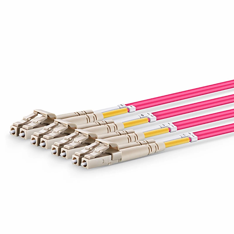 SFPS 2m (7ft) MTP® Harness, MTP®-8 UPC (Female) to 4 x LC UPC Duplex, 8 Fibers, Multimode (OM4), Plenum (OFNP), 0.35dB Max, Type B, 1m Equal Breakout Length, Magenta SFPS
