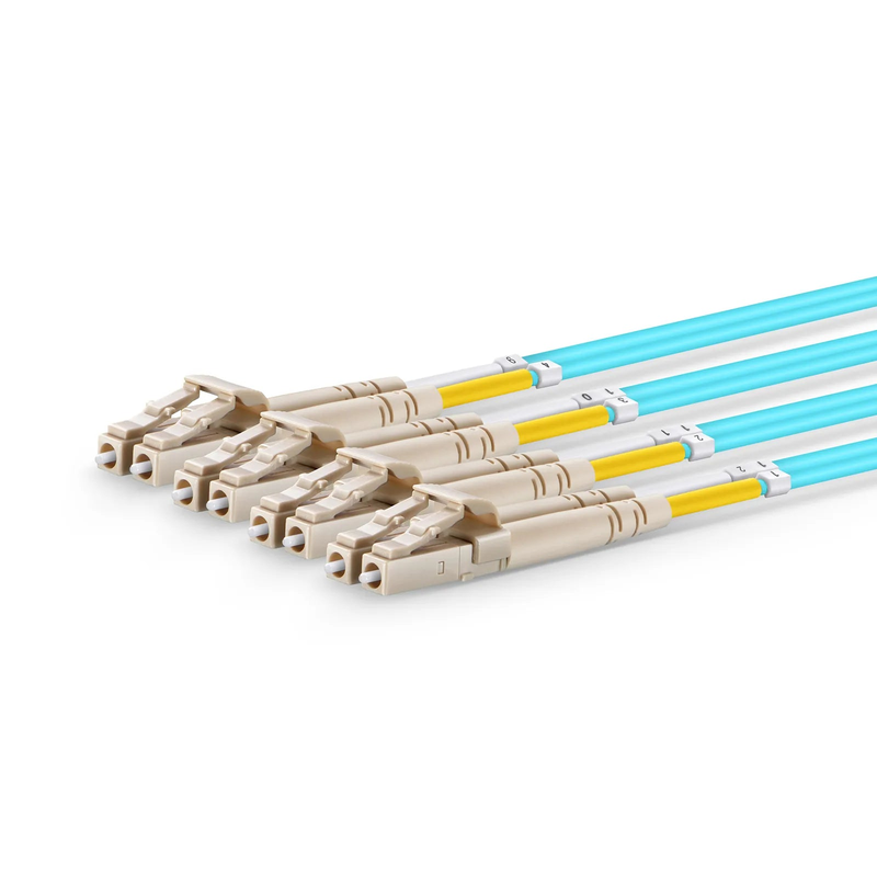 SFPS 2m (7ft) MTP® Harness, MTP®-8 UPC (Female) to 4 x LC UPC Duplex, 8 Fibers, Multimode (OM4), Plenum (OFNP), 0.35dB Max, Type B, 1m Equal Breakout Length, Aqua SFPS