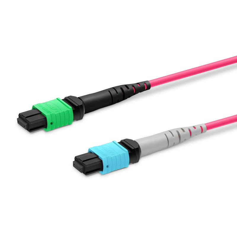 SFPS 2m (7ft) MTP® Breakout Cable, MTP®-16 APC (Female) to 2 x MTP®-8 UPC (Female), 16 Fibers, Multimode (OM4), Plenum (OFNP), 0.35dB Max, Crossover, Magenta SFPS