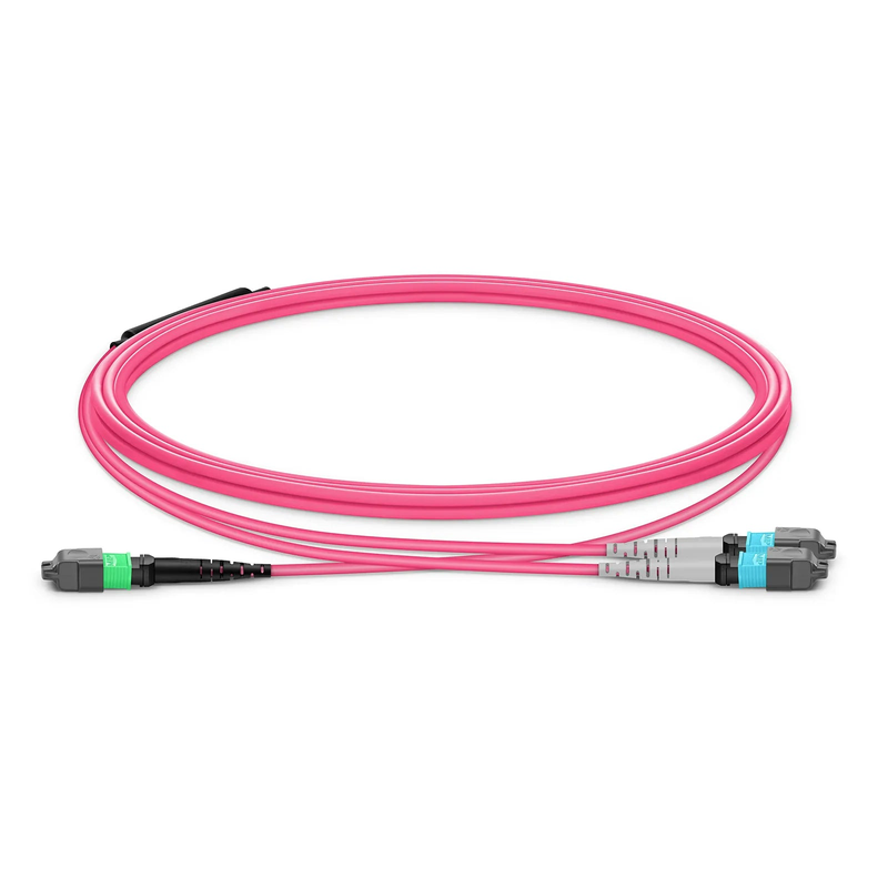 SFPS 10m (33ft) MTP® Breakout Cable, MTP®-16 APC (Female) to 2 x MTP®-8 UPC (Female), 16 Fibers, Multimode (OM4), Plenum (OFNP), 0.35dB Max, Crossover, Magenta SFPS