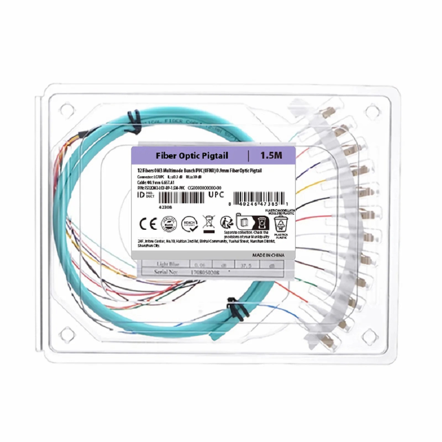 SFPS 1.5m (5ft) Fiber Pigtail, LC UPC to Unterminated, 12 Fibers, Bunch, OM3 Multimode, PVC (Unrated), 0.9mm, Aqua SFPS