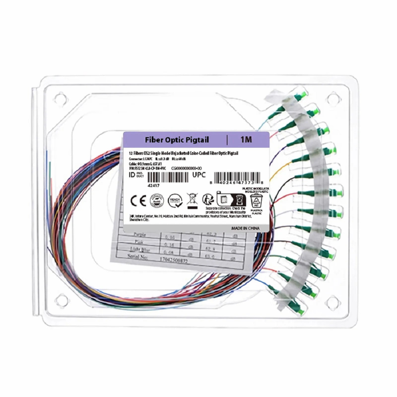 SFPS 1m (3ft) Fiber Pigtail, LC APC to Unterminated, 12 Fibers, Unjacketed Color-Coded, OS2 Single Mode, PVC (Unrated), 0.9mm, 12-Color SFPS