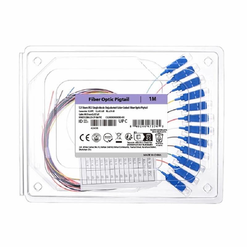 SFPS 1m (3ft) Fiber Pigtail, SC APC to Unterminated, 12 Fibers, Unjacketed Color-Coded, OS2 Single Mode, PVC (Unrated), 0.9mm, 12-Color SFPS