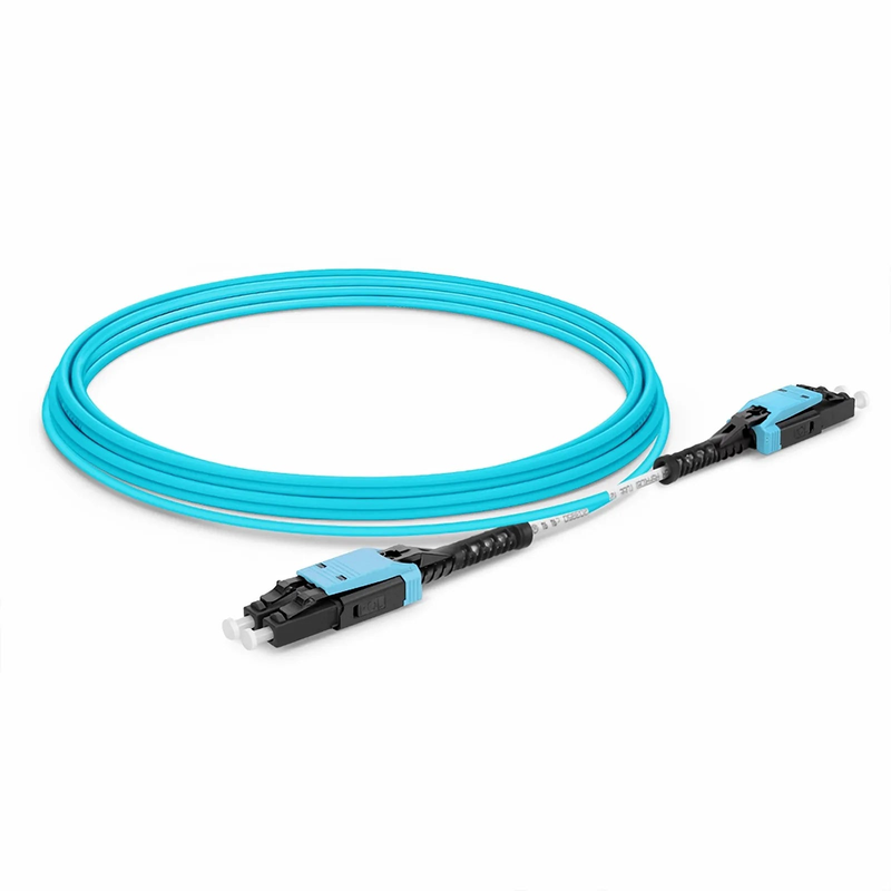 SFPS 10m (33ft) Fiber Patch Cable, 2 Fibers, LC UPC Duplex to LC UPC Duplex Flat Clip with Push-Pull Boot Uniboot, Multimode (OM4), Riser (OFNR), 2.0mm, Aqua SFPS