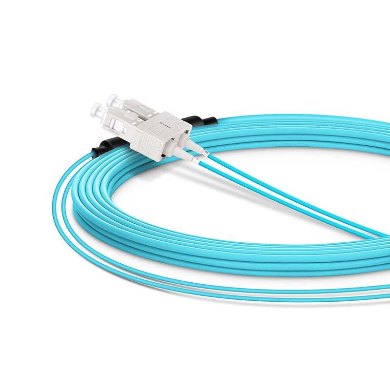 SFPS 10m (33ft) Fiber Patch Cable, 2 Fibers, LC UPC Duplex Standard Clip Uniboot to SC UPC Duplex, Multimode (OM4), Riser (OFNR), 2.0/0.9mm, Aqua SFPS
