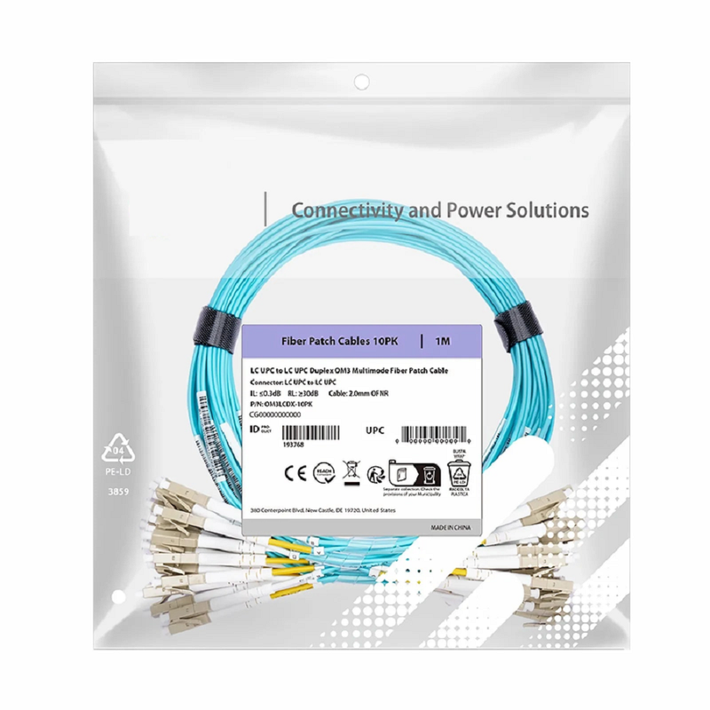 SFPS 2m (7ft) Fiber Patch Cable, 2 Fibers, LC UPC Duplex to LC UPC Duplex, Multimode (OM3), Riser (OFNR), 2.0mm, Tight-Buffered, Aqua, 10 Pcs/Pack SFPS