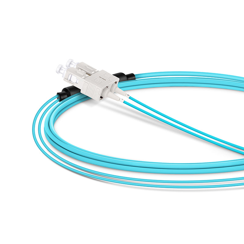 SFPS 2m (7ft) Fiber Patch Cable, 2 Fibers, LC UPC Duplex Standard Clip Uniboot to SC UPC Duplex, Multimode (OM4), Riser (OFNR), 2.0/0.9mm, Aqua SFPS