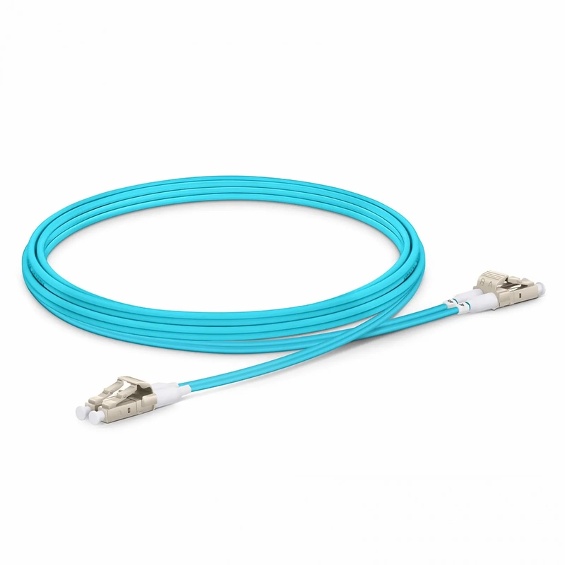SFPS 2m (7ft) Fiber Patch Cable, 2 Fibers, Short Boot, LC UPC Duplex to LC UPC Duplex, Multimode (OM3), Riser (OFNR), 2.0mm, Tight-Buffered, Aqua SFPS