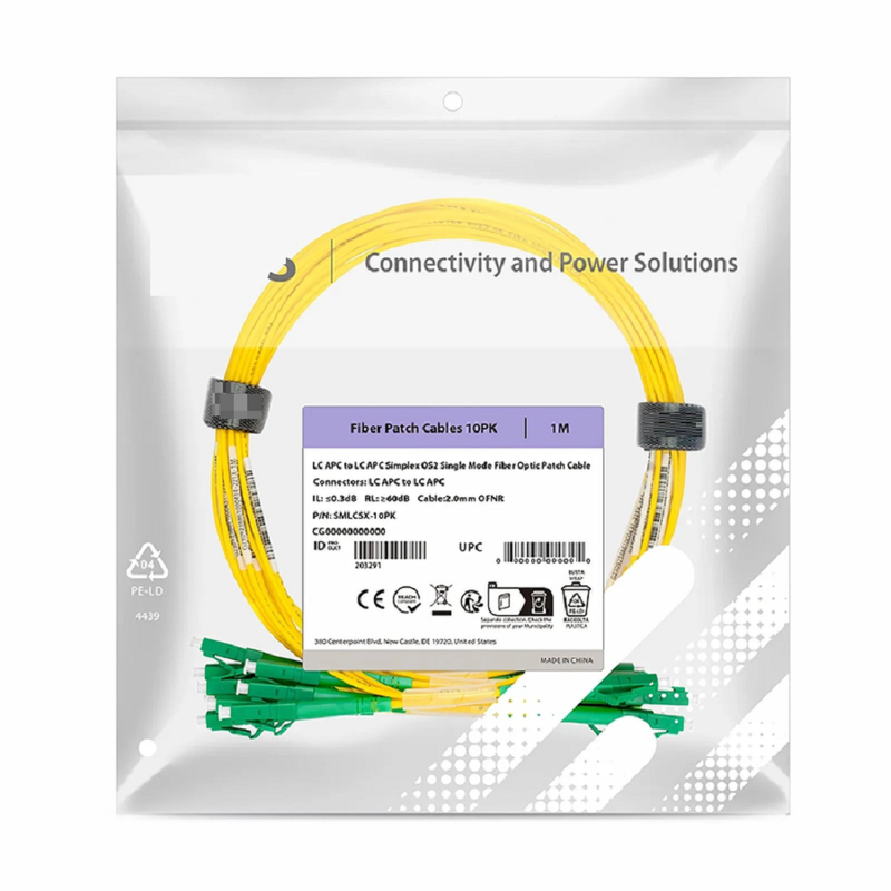 SFPS 1m (3ft) Fiber Patch Cable, 1 Fiber, LC APC Simplex to LC APC Simplex, Single Mode (OS2), Riser (OFNR), 2.0mm, Tight-Buffered, Yellow, 10 Pcs/Pack SFPS