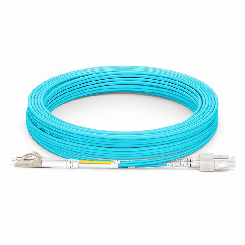SFPS 10m (33ft) Fiber Patch Cable, 2 Fibers, LC UPC Duplex to SC UPC Duplex, Multimode (OM3), Riser (OFNR), 2.0mm, Tight-Buffered, Aqua SFPS