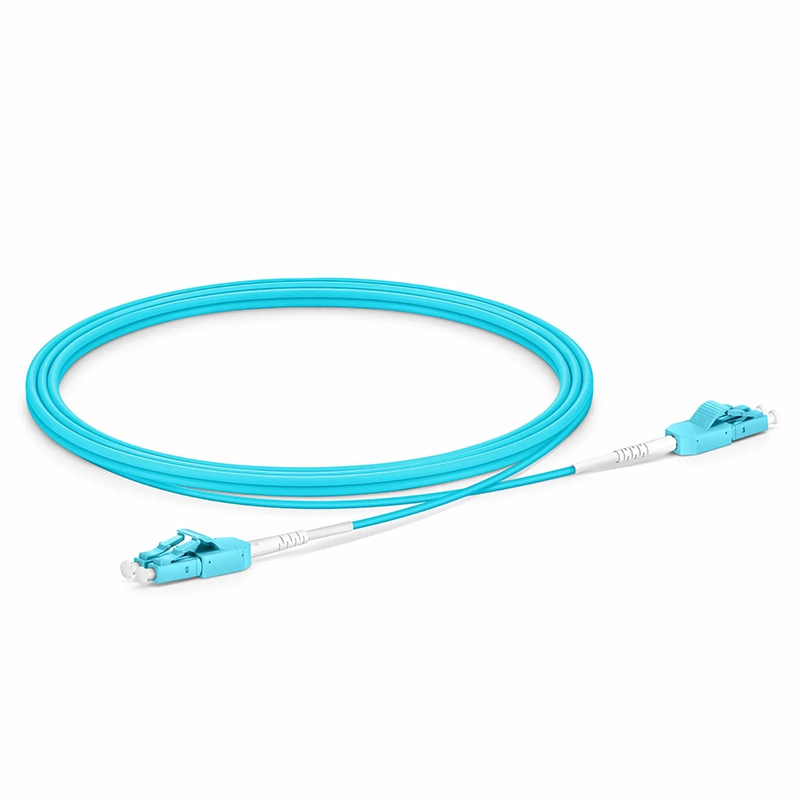 SFPS 2m (7ft) Fiber Patch Cable, 2 Fibers, LC UPC Duplex to LC UPC Duplex Standard Clip Uniboot, Multimode (OM3), Riser (OFNR), 2.0mm, Aqua SFPS