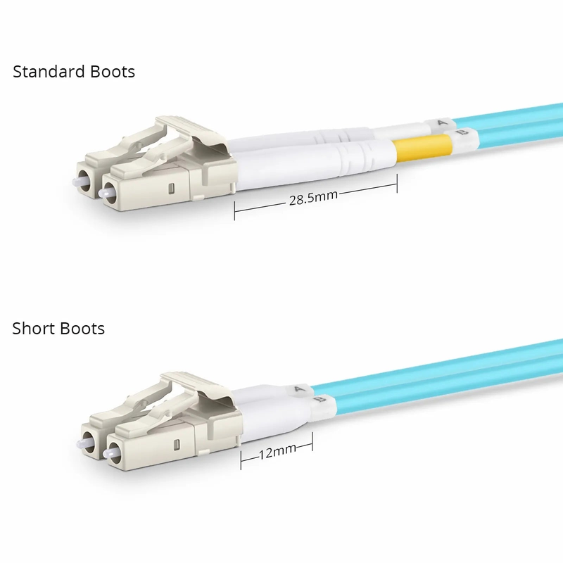 SFPS 2m (7ft) Fiber Patch Cable, 2 Fibers, Short Boot, LC UPC Duplex to LC UPC Duplex, Multimode (OM4), Riser (OFNR), 2.0mm, Tight-Buffered, Aqua SFPS