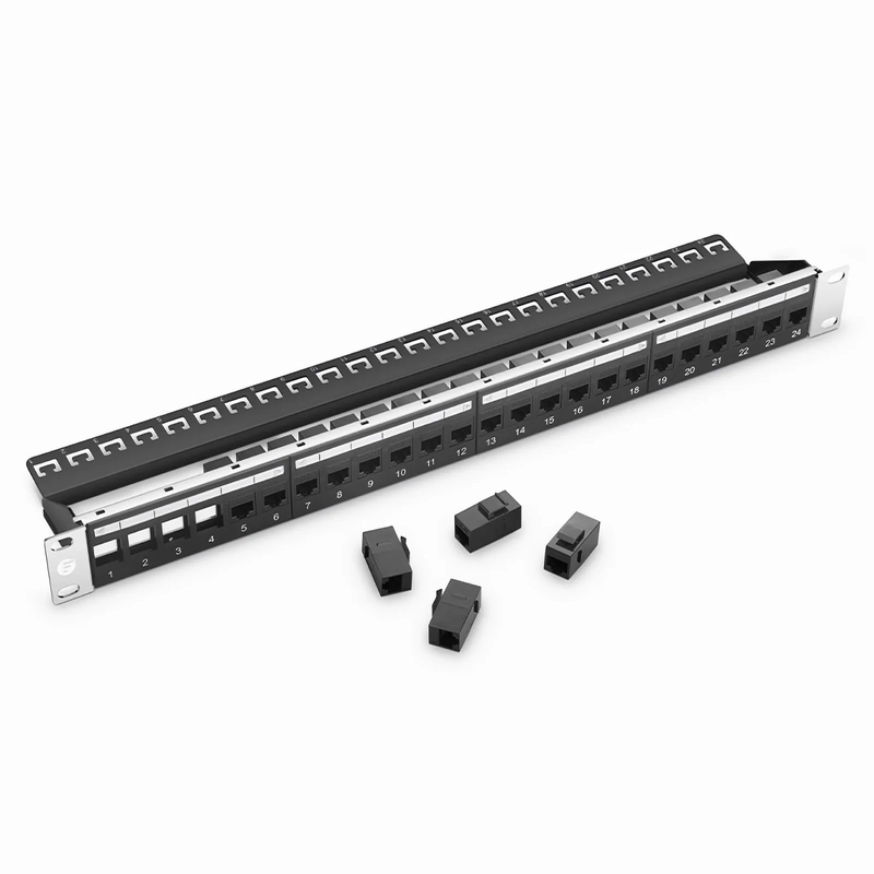 SFPS Cat5e Coupler Patch Panel, 24-Port, 1RU, Cable Management Bar Included SFPS