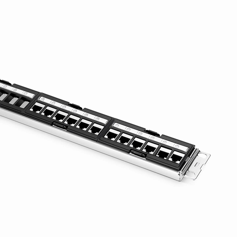 SFPS FDMP Cat6 Shielded Coupler Recessed Patch Panel, 24-Port, 1RU, Cable Management Bar Included SFPS