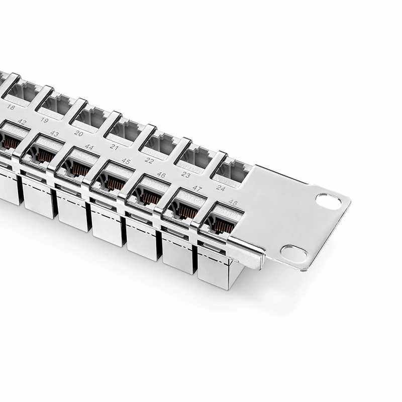 SFPS FDMP Cat6a Shielded Coupler Flat Patch Panel, 48-Port, 1RU, Cable Management Bar Included SFPS