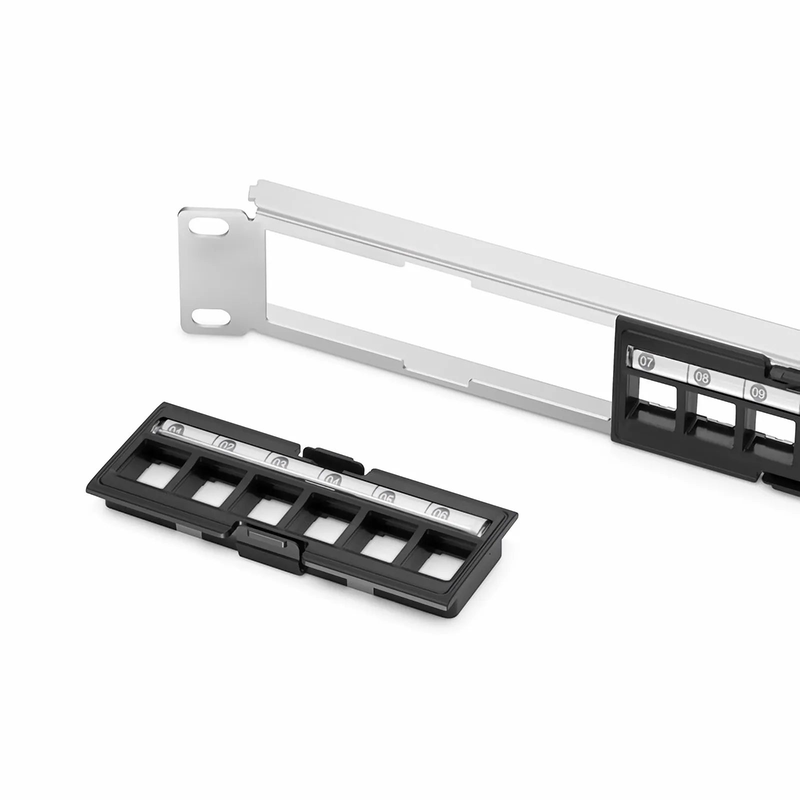 SFPS FDMP Blank Shielded/UnShielded Angled Recessed Patch Panel for Keystone Modules, 24-Port, 1RU, Cable Management Bar Included, Black SFPS