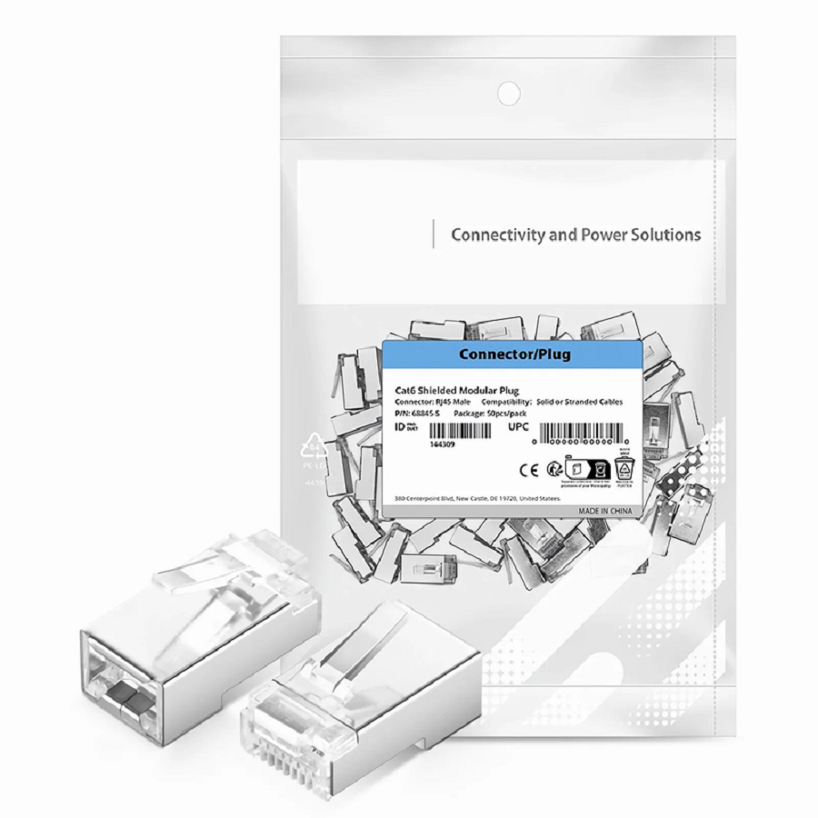 SFPS Cat6 RJ45 Pass Through Modular Plugs, Shielded Network Connectors for 24AWG Twisted Pair Solid or Stranded Cable (50/Pack) SFPS