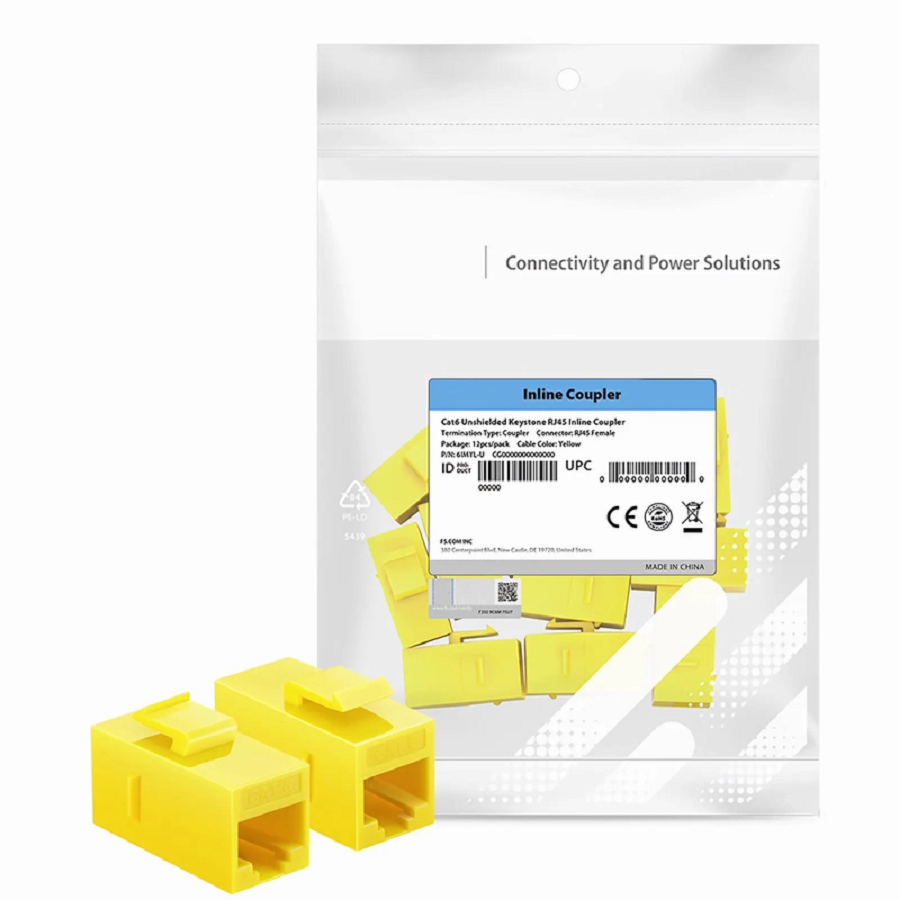 SFPS Cat6 Keystone RJ45 Coupler, Unshielded, Female to Female Insert Inline Coupler - Yellow (12pcs/Pack) SFPS