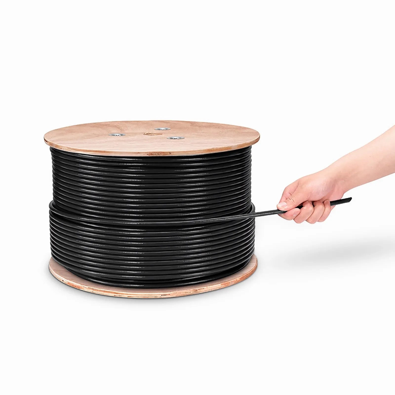 SFPS Cat6 Outdoor Direct Burial Cable, 1000ft (305m), 23AWG Solid Pure Bare Copper, 550MHz, Unshielded (UTP), UV Rated PVC and LDPE Double Jackets, with Reel, Black SFPS