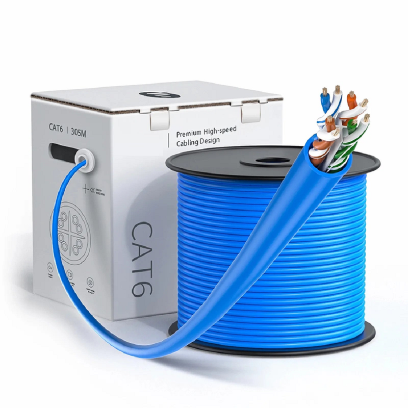 SFPS Cat6 Ethernet Bulk Cable, 1000ft (305m), UL Listed, 23AWG Solid Pure Bare Copper Wire, 550MHz, Unshielded (UTP), PVC CMR, with Reel (Blue) SFPS