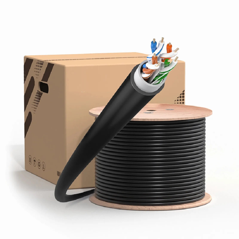 SFPS Cat6 Outdoor Direct Burial Cable, 1000ft (305m), 23AWG Solid Pure Bare Copper, 550MHz, Shielded (F/UTP), UV Rated PVC and LDPE Double Jackets, with Reel, Black SFPS