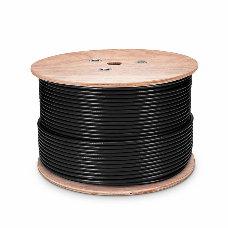 SFPS Cat6 Outdoor Direct Burial Cable, 1000ft (305m), 23AWG Solid Pure Bare Copper, 550MHz, Shielded (F/UTP), UV Rated PVC and LDPE Double Jackets, with Reel, Black SFPS