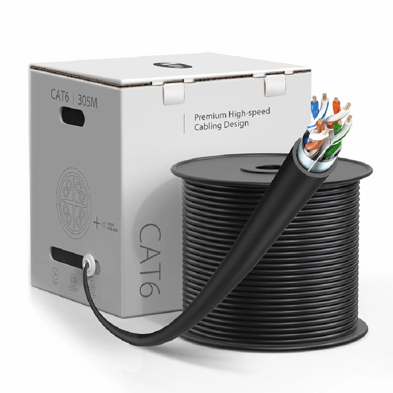 SFPS Cat6 Ethernet Bulk Cable, 1000ft (305m), UL Listed, 26AWG Stranded Pure Bare Copper Wire, 550MHz, Shielded (F/UTP), PVC CM, with Reel (Black) SFPS